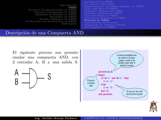 Introducci´on
VHDL
Circuitos Combinacionales en VHDL
Circuitos Secuenciales en VHDL
M´aquinas de Estados en VHDL
Triestados en VHDL
Dise˜no Jer´arquico en VHDL
Verificaci´on con Testbenches en VHDL
Referencias
Introducci´on a VHDL
Un sistema CAD t´ıpico
Representaci´on de se˜nales digitales en VHDL
¿Para qu´e sirve el VHDL?
Or´ıgenes e Historia de VHDL
Principios B´asicos de VHDL
Tipos de Datos en VHDL
Operadores definidos en VHDL
Procesos en VHDL
Instrucciones en Procesos
Asignaci´on de valores a se˜nales
Las Variables en VHDL
Descripci´on de una Compuerta AND
El siguiente proceso nos permite
emular una compuerta AND, con
2 entradas A, B y una salida S.
Ing. Alcides Araujo Pacheco CAP´ITULO IV: L ´OGICA PROGRAMABLE
 