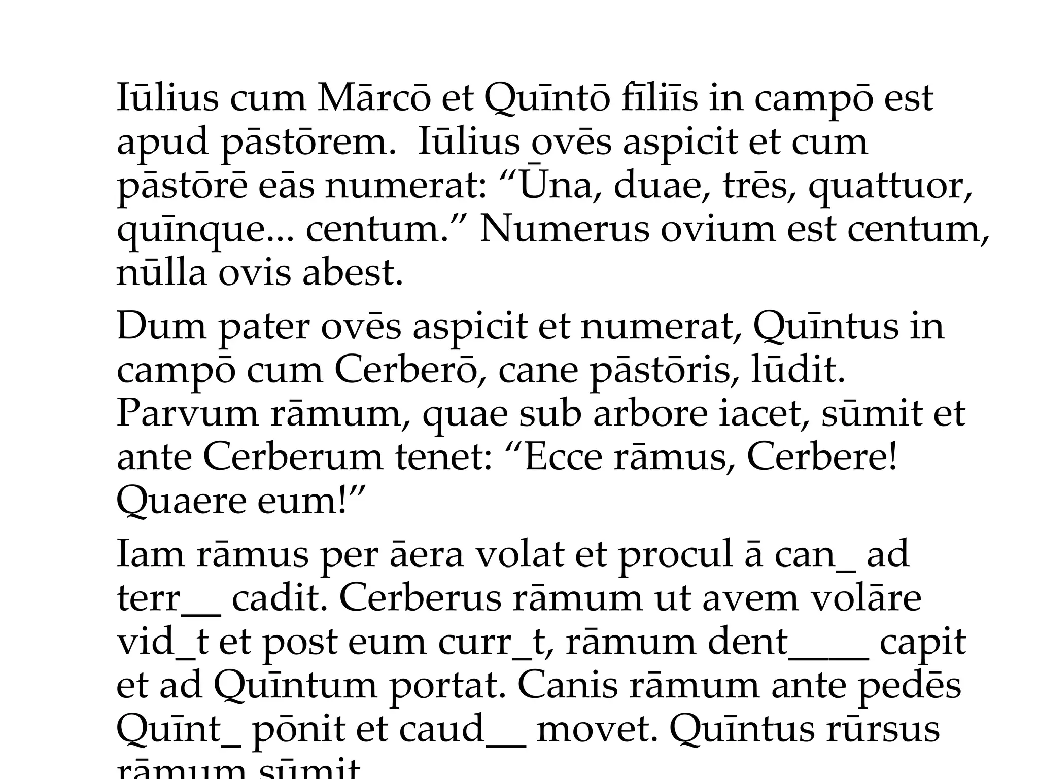 Iūlius cum Mārcō et Quīntō fīliīs in campō est apud pāstōrem.  Iūlius ov ēs  aspicit et cum pāstōr ē  eās numerat: “Ūna, duae, trēs, quattuor, quīnque... centum.”  Numerus ovium est centum, nūlla ovis abest. Dum pater ovēs aspicit et numerat, Quīntus in campō cum Cerberō, cane pāstōris, lūdit. Parvum rāmum, quae sub arbore iacet, sūmit et ante Cerberum tenet: “Ecce rāmus, Cerbere! Quaere eum!”  Iam rāmus per āera volat et procul ā can_ ad terr__ cadit. Cerberus rāmum ut avem volāre vid_t et post eum curr_t, rāmum dent____ capit et ad Quīntum portat. Canis rāmum ante pedēs Quīnt_ pōnit et caud__ movet. Quīntus rūrsus rāmum sūmit... 