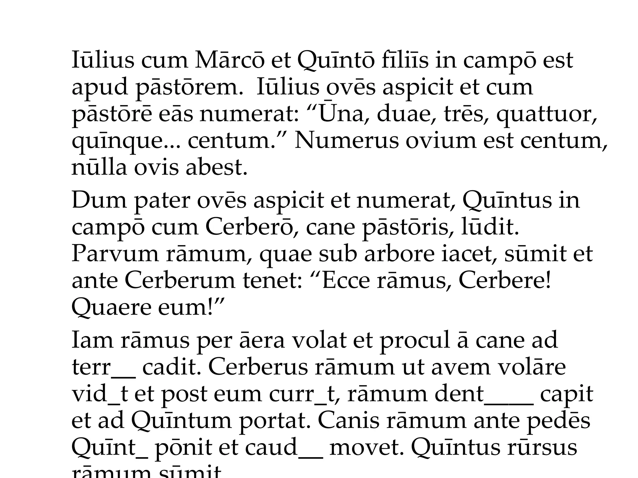 Iūlius cum Mārcō et Quīntō fīliīs in campō est apud pāstōrem.  Iūlius ov ēs  aspicit et cum pāstōr ē  eās numerat: “Ūna, duae, trēs, quattuor, quīnque... centum.”  Numerus ovium est centum, nūlla ovis abest. Dum pater ovēs aspicit et numerat, Quīntus in campō cum Cerberō, cane pāstōris, lūdit. Parvum rāmum, quae sub arbore iacet, sūmit et ante Cerberum tenet: “Ecce rāmus, Cerbere! Quaere eum!”  Iam rāmus per āera volat et procul ā cane ad terr__ cadit. Cerberus rāmum ut avem volāre vid_t et post eum curr_t, rāmum dent____ capit et ad Quīntum portat. Canis rāmum ante pedēs Quīnt_ pōnit et caud__ movet. Quīntus rūrsus rāmum sūmit... 