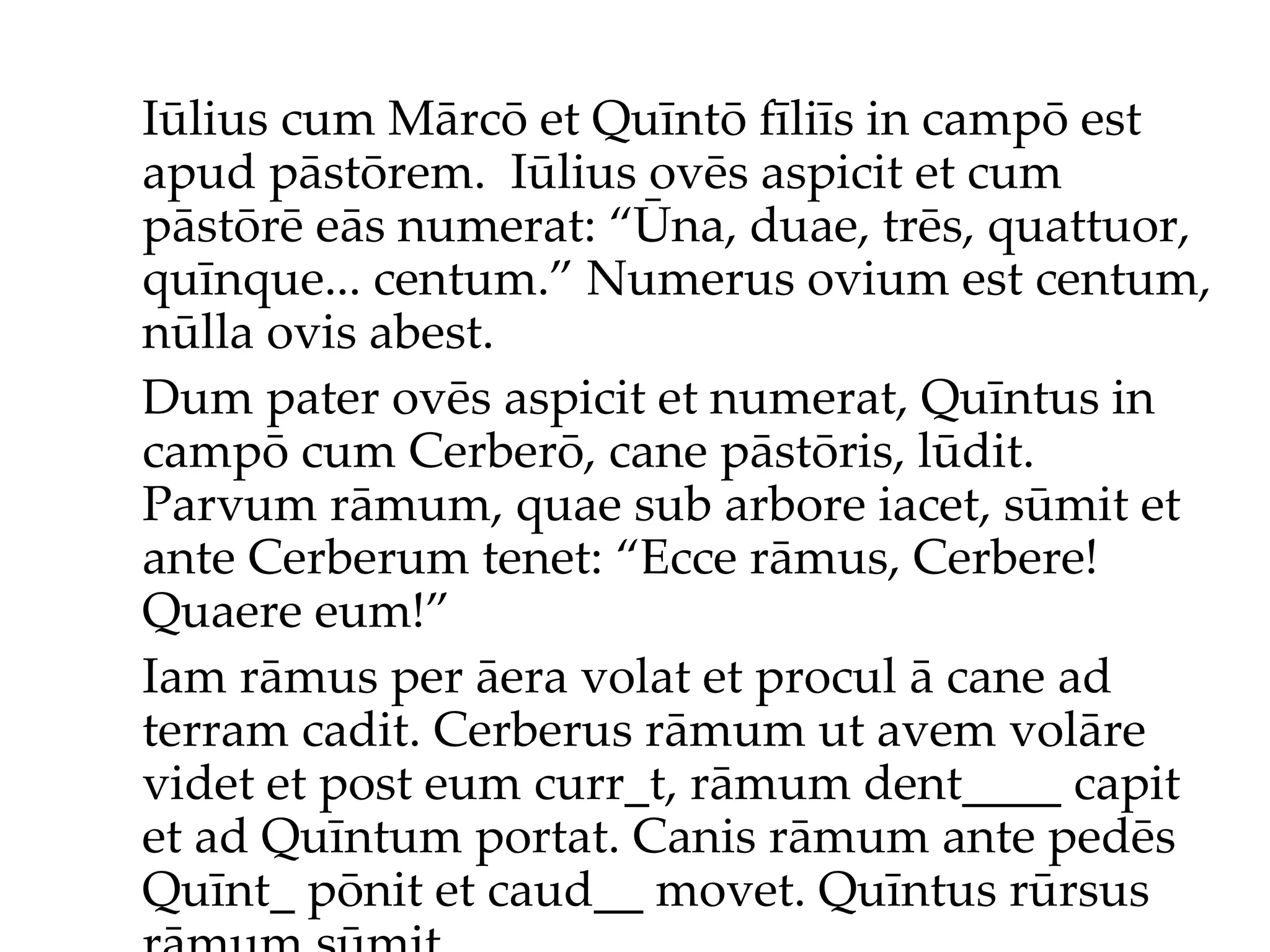 Iūlius cum Mārcō et Quīntō fīliīs in campō est apud pāstōrem.  Iūlius ov ēs  aspicit et cum pāstōr ē  eās numerat: “Ūna, duae, trēs, quattuor, quīnque... centum.”  Numerus ovium est centum, nūlla ovis abest. Dum pater ovēs aspicit et numerat, Quīntus in campō cum Cerberō, cane pāstōris, lūdit. Parvum rāmum, quae sub arbore iacet, sūmit et ante Cerberum tenet: “Ecce rāmus, Cerbere! Quaere eum!”  Iam rāmus per āera volat et procul ā cane ad terram cadit. Cerberus rāmum ut avem volāre videt et post eum curr_t, rāmum dent____ capit et ad Quīntum portat. Canis rāmum ante pedēs Quīnt_ pōnit et caud__ movet. Quīntus rūrsus rāmum sūmit... 