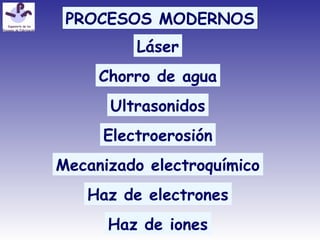 PROCESOS MODERNOS
Láser
Ultrasonidos
Electroerosión
Haz de electrones
Haz de iones
Mecanizado electroquímico
Chorro de agua
 