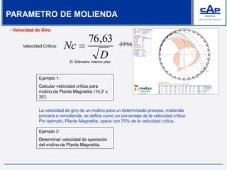 • Velocidad de Giro.
D
Nc
63,76
Velocidad Crítica: (RPM)
D: Diámetro interno pies
Ejemplo 1:
Calcular velocidad crítica para
molino de Planta Magnetita (14,3’ x
35’)
La velocidad de giro de un molino para un determinado proceso, molienda
primaria o remolienda, se define como un porcentaje de la velocidad crítica.
Por ejemplo, Planta Magnetita, opera con 75% de la velocidad crítica.
Ejemplo 2:
Determinar velocidad de operación
del molino de Planta Magnetita.
PARAMETRO DE MOLIENDA
 