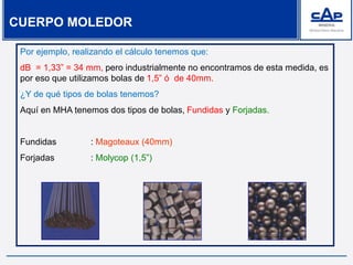 CUERPO MOLEDOR
Por ejemplo, realizando el cálculo tenemos que:
dB = 1,33” = 34 mm, pero industrialmente no encontramos de esta medida, es
por eso que utilizamos bolas de 1,5” ó de 40mm.
¿Y de qué tipos de bolas tenemos?
Aquí en MHA tenemos dos tipos de bolas, Fundidas y Forjadas.
Fundidas : Magoteaux (40mm)
Forjadas : Molycop (1,5”)
 