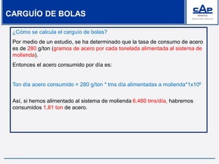 CARGUÍO DE BOLAS
¿Cómo se calcula el carguío de bolas?
Por medio de un estudio, se ha determinado que la tasa de consumo de acero
es de 280 g/ton (gramos de acero por cada tonelada alimentada al sistema de
molienda).
Entonces el acero consumido por día es:
Ton día acero consumido = 280 g/ton * tms día alimentadas a molienda*1x106
Así, si hemos alimentado al sistema de molienda 6.480 tms/día, habremos
consumidos 1,81 ton de acero.
 