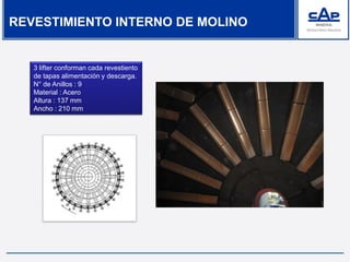REVESTIMIENTO INTERNO DE MOLINO
3 lifter conforman cada revestiento
de tapas alimentación y descarga.
N° de Anillos : 9
Material : Acero
Altura : 137 mm
Ancho : 210 mm
 