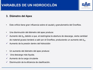 3. Diámetro del Apex
• Este orificio tiene gran influencia sobre el caudal y granulometría del Overflow.
• Una disminución del diámetro del apex produce:
 Aumento del d50 debido a que, al restringirse la abertura de descarga, cierta cantidad
de material grueso tenderá a salir por el Overflow, produciendo un aumento del d50.
 Aumento de la presión dentro del hidrociclón
• Un aumento del diámetro del apex produce:
 Una descarga más líquida.
 Aumento de la carga circulante
 Disminución de la eficiencia de clasificación.
VARIABLES DE UN HIDROCICLÓN
 