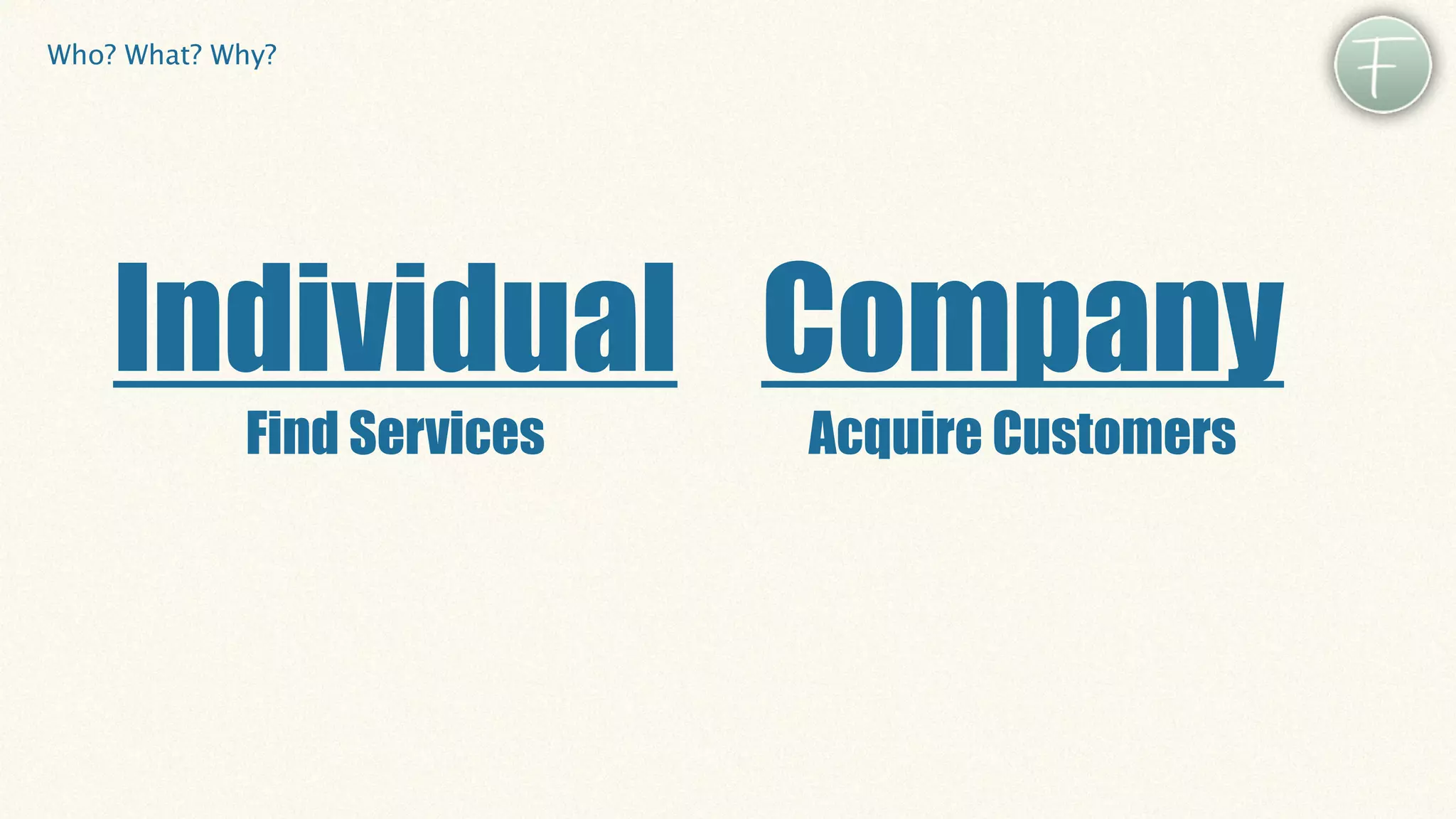 Who? What? Why?




    Individual Company
            Find Services   Acquire Customers
 