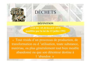 DÉCHETS

                     DÉFINITION
             LOI DU 15 JUILLET 1975
          modifiée par la loi du 13 juillet 1992


«  Tout résidu d’un processus de production, de
transformation ou d ’utilisation, toute substance,
matériau, ou plus généralement tout bien meuble
    abandonné ou que son détenteur destine à
                  l ’abandon »
 
