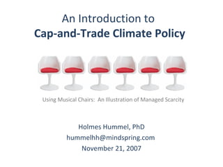 An Introduction to  Cap-and-Trade Climate Policy   Holmes Hummel, PhD hummelhh@mindspring.com  November 21, 2007 Using Musical Chairs:  An Illustration of Managed Scarcity 