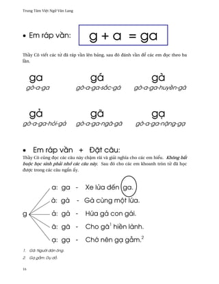 Trung Tâm Vi®t Ngæ Vån Lang




• Em ráp v¥n:                     g + a = ga
Th¥y Cô viªt các t× ðã ráp v¥n lên bäng, sau ðó ðánh v¥n ð¬ các em ð÷c theo ba
l¥n.



     ga                           gá                         gà
 g¶-a-ga                      g¶-a-ga-s¡c-gá        g¶-a-ga-huy«n-gà



     gä                           gã                         gÕ
g¶-a-ga-höi-gä                g¶-a-ga-ngã-gã         g¶-a-ga-n£ng-gÕ



•    Em ráp v¥n + Ð£t câu:
Th¥y Cô cûng ð÷c các câu này ch§m rãi và giäi nghîa cho các em hi¬u. Không b¡t
buµc h÷c sinh phäi nh¾ các câu này. Sau ðó cho các em khoanh tròn t× ðã h÷c
ðßþc trong các câu ng¡n ¤y.



               a: ga -           Xe lØa ðªn ga.

               à: gà          - Gà cùng mµt lÑa.

g              ä: gä -           HÑa gä con gái.

               ã: gã -           Cho gã1 hi«n lành.

               Õ: gÕ -           Ch¾ nên gÕ gçm.2
1. Gã: Ngß¶i ðàn ông.
2. GÕ gçm: Dø d².

16
 