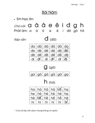 Vi®t Ngæ - C¤p 1




                              Bài Nåm
•   Em h÷c ôn:

Chæ cái:     a å â e ê i ð g h
Phát âm: a           á        ¾     e       ê       i     ð¶ g¶ h¶

Ráp v¥n:                          ð (ð¶)
                ða     ðá      ðà    ðä        ðã       ðÕ
                ðe     ðé      ðè    ðë        ð¨       ð©*
                ðê     ðª      ð«    ð¬        ð−       ð®
                ði     ðí *    ðì    ðï *      ðî       ð¸ *

                              g (g¶)
                ga gá gà gä gã gÕ

                              h (h¶)
                 ha há hà hä hã*                        hÕ
                 he hé hè hë h¨                         h©
                 hê hª* h« h¬ h−                        h®
                 hi hí hì hï hî                         h¸*

* Chæ cái ráp v¥n ðßþc nhßng không có nghîa.

                                                                           23
 