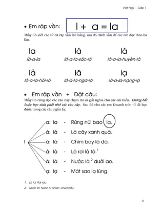 Vi®t Ngæ - C¤p 1




• Em ráp v¥n:                          l + a = la
Th¥y Cô viªt các t× ðã ráp v¥n lên bäng, sau ðó ðánh v¥n ð¬ các em ð÷c theo ba
l¥n.



     la                                lá                    là
    l¶-a-la                 l¶-a-la-s¡c-lá          l¶-a-la-huy«n-là


     lä                                lã                    lÕ
l¶-a-la-höi-lä              l¶-a-la-ngã-lã           l¶-a-la-n£ng-lÕ


•     Em ráp v¥n + Ð£t câu:
Th¥y Cô cûng ð÷c các câu này ch§m rãi và giäi nghîa cho các em hi¬u. Không b¡t
buµc h÷c sinh phäi nh¾ các câu này. Sau ðó cho các em khoanh tròn t× ðã h÷c
ðßþc trong các câu ng¡n ¤y.



                 a: la      -    R×ng núi bao la.

                 á: lá      -    Lá cây xanh quá.

l                à: là      -    Chim bay là ðà.

                 ä: lä      -    Lá r½i lä tä.1

                 ã: lã      -    Nß¾c lã 2 dß¾i ao.

                 Õ: lÕ      -    Mát sao lÕ lùng.

1. Lä tä: Räi rác.
2. Nß¾c lã: Nß¾c tñ nhiên, chßa n¤u.



                                                                          31
 