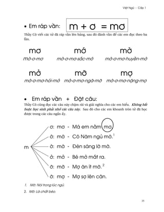 Vi®t Ngæ - C¤p 1




• Em ráp v¥n:               m + ½ = m½
Th¥y Cô viªt các t× ðã ráp v¥n lên bäng, sau ðó ðánh v¥n ð¬ các em ð÷c theo ba
l¥n.



    m½                         m¾                           m¶
m¶-½-m½               m¶-½-m½-s¡c-m¾               m¶-½-m½-huy«n-m¶


    m·                          mÞ                           mþ
m¶-½-m½-höi-m· m¶-½-m½-ngã-mÞ                       m¶-½-m½-n£ng-mþ



•   Em ráp v¥n + Ð£t câu:
Th¥y Cô cûng ð÷c các câu này ch§m rãi và giäi nghîa cho các em hi¬u. Không b¡t
buµc h÷c sinh phäi nh¾ các câu này. Sau ðó cho các em khoanh tròn t× ðã h÷c
ðßþc trong các câu ng¡n ¤y.



                ½: m½ - Má em n¢m m½.

                ¾: m¾ - Cô Nåm ngü m¾.1

m               ¶: m¶ - Ðèn sáng l¶ m¶.

                ·: m· - Bé m· m¡t ra.

                Þ: mÞ - Mþ ån ít mÞ. 2

                Þ: mþ - Mþ sþ lên cân.
1. M¾: Nói trong lúc ngü.
2. MÞ: Là ch¤t béo.

                                                                          35
 