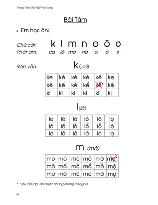 Trung Tâm Vi®t Ngæ Vån Lang




                                   Bài Tám
•    Em h÷c ôn:

Chæ cái:                   k l m n o ô ½
Phát âm:               ca     l¶ m¶         n¶     o    ô        ½

Ráp v¥n:                              k (ca)
                      ke      ké     kè      kë    k¨   k©
                      kê      kª     k«      k¬    k−* k®
                      ki      kí     kì      kï    kî   k¸

                                          l(l¶)
                        lo     ló    lò       lö   lõ       l÷
                        lô     l¯    l°       l±   l²       lµ
                        l½     l¾    l¶       l·   lÞ       lþ

                                          m (m¶)
                      mo mó mò mö mõ m÷*
                      mô m¯ m° m± m² mµ
                      m½ m¾ m¶ m· mÞ mþ
* Chæ cái ráp v¥n ðßþc nhßng không có nghîa.


40
 