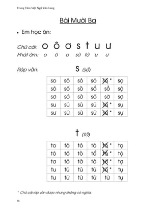 Trung Tâm Vi®t Ngæ Vån Lang




                                  Bài Mß¶i Ba
•    Em h÷c ôn:

Chæ cái:          o ô ½ s t u ß
Phát âm:           o          ô    ½    s¶ t¶     u    ß

Ráp v¥n:                                s (s¶)
                        so         só   sò       sö   sõ *   s÷
                        sô         s¯   s°       s±   s²     sµ
                        s½         s¾   s¶       s·   sÞ     sþ
                        su         sú   sù       sü   sû *   sø
                        sß         sÑ   s×       sØ   sæ *   sñ



                                        t (t¶)
                        to         tó   tò       tö   tõ *   t÷
                        tô         t¯   t°       t±   t² *   tµ
                        t½         t¾   t¶       t·   tÞ *   tþ
                        tu         tú   tù       tü   tû *   tø
                        tß         tÑ   t×       tØ   tæ     tñ

* Chæ cái ráp v¥n ðßþc nhßng không có nghîa.

68
 