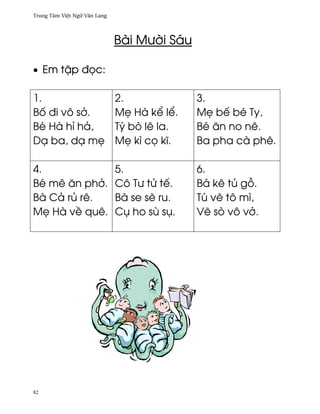 Trung Tâm Vi®t Ngæ Vån Lang




                              Bài Mß¶i Sáu

• Em t§p ð÷c:

1.                            2.             3.
B¯ ði vô s·.                  M© Hà k¬ l¬.   M© bª bé Ty,
Bé Hà hï hä,                  Tý bò lê la.   Bé ån no nê.
DÕ ba, dÕ m©                  M© kì c÷ kî.   Ba pha cà phê.

4.                            5.             6.
Bé mê ån ph·.                 Cô Tß tØ tª.   Bá kê tü g².
Bà Cä rü rê.                  Bà se s¨ ru.   Tú v¨ tô mì,
M© Hà v« quê.                 Cø ho sù sø.   V¨ sò vô v·.




82
 