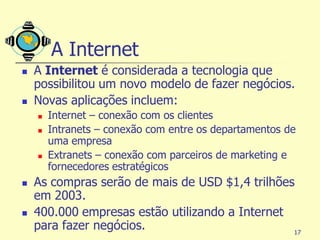 A Internet
   A Internet é considerada a tecnologia que
    possibilitou um novo modelo de fazer negócios.
   Novas aplicações incluem:
       Internet – conexão com os clientes
       Intranets – conexão com entre os departamentos de
        uma empresa
       Extranets – conexão com parceiros de marketing e
        fornecedores estratégicos
   As compras serão de mais de USD $1,4 trilhões
    em 2003.
   400.000 empresas estão utilizando a Internet
    para fazer negócios.                         17
 