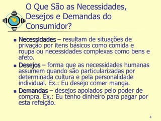 O Que São as Necessidades,
      Desejos e Demandas do
      Consumidor?
   Necessidades – resultam de situações de
    privação por itens básicos como comida e
    roupa ou necessidades complexas como bens e
    afeto.
   Desejos – forma que as necessidades humanas
    assumem quando são particularizadas por
    determinada cultura e pela personalidade
    individual. Ex.: Eu desejo comer manga.
   Demandas – desejos apoiados pelo poder de
    compra. Ex.: Eu tenho dinheiro para pagar por
    esta refeição.

                                                4
 