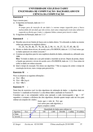 UNIVERSIDADE SÃO JUDAS TADEU
      ENGENHARIA DE COMPUTAÇÃO / BACHARELADO EM
                CIÊNCIA DA COMPUTAÇÃO
Exercício 8        -
Faça o mesmo para :
a) O algoritmo de Inserção, dado em 1.1.1
       Dica :
       O tempo para de inserção de um dado é o mesmo tempo requerido para a busca
       malsucedida (de um dado que não existe), mais uma comparação (com uma subárvore
       esquerda ou direita que é nula ), e algumas linhas comuns para inserir o dado.
b) O algoritmo de Remoção, dado em 1.1.3

Exercício 9        -
a) Desenhe uma árvore binária de busca com os dados abaixo. Vá colocando os dados na mesma
   ordem que aparecem na seqüência abaixo :
       33, 25, 14, 29, 46, 37, 78, 24, 26, 2, 98, 11, 18, 27, 32, 57, 85, 40, 52
b) Mostre os dados dessa árvore, de acordo com a IN-ORDEM, dada em 1.3.2.Você notou que
   os dados aparecem em ordem crescente ?
c) Construa um algoritmo para ler uma seqüência aleatória de dados, ordenando-os, utilizando uma
   ABB.
   Dica: Vá lendo os dados um a um pelo teclado e inserindo na árvore. Depois de pronta, chame
   a função que percorre a árvore de acordo com a IN-ORDEM, dada em 1.3.2. Essa rotina irá
   exibir os dados em ordem crescente.
d) Qual o tempo de execução T(n) desse seu algoritmo ? Não se esqueça de contar o tempo de
   construção da árvore, mais o tempo para percorrê-la.

Exercício 10       -
Prove ou desprove as seguintes afirmações :
a) T(n) = Ο(n)
b) T(n) = Ο(n log2n)
c) T(n) = Ο(n2)

Exercício 11       -
Nesta lista de exercícios você viu dois algoritmos de ordenação de dados : o algoritmo dado no
Exercício 1 e analisado no Exercício 3, e este último dado e analisado no Exercício 9.
Considere que o seu computador realiza uma operação a cada microssegundo ( 1µs = 10-3
segundos), e compare a eficiência dos dois algoritmos, dizendo quanto tempo cada um leva para
ordenar um conjunto de n dados.:
                                  Anote aqui o valor de T(n) que
                                  você achou para cada algoritmo, e
                                  depois complete a tabela
                                          Quantidade de dados para ordenar (n)
Algoritmo      T(n)         10          100       1.000     100.000      1 milhão    10 milhões
c/ listas
c/ árvores



H. Senger      Escrita em: 02/10/1999             Última atualização 25/10/1999           37
 