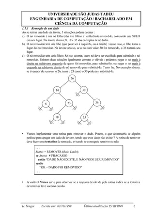 UNIVERSIDADE SÃO JUDAS TADEU
      ENGENHARIA DE COMPUTAÇÃO / BACHARELADO EM
                CIÊNCIA DA COMPUTAÇÃO
1.1.3 Remoção de um dado
Ao se retirar um dado da árvore, 3 situações podem ocorrer :
a) O nó removido é um nó folha (não tem filhos ) : então basta removê-lo, colocando um NULO
    em seu lugar. Na árvore abaixo, 8, 18 e 35 são exemplos de nó folha.
b) O nó removido tem um filho (que pode ser à esquerda, ou à direita) : nesse caso, o filho toma o
    lugar do nó removido. Na árvore abaixo, se o nó com valor 30 for removido, o 36 tomará seu
    lugar.
c) O nó removido tem dois filhos: Se isso ocorrer, outro nó deve ser escolhido para substituir o nó
    removido. Existem duas soluções igualmente corretas e viáveis : podemos pegar o nó mais à
    direita na subárvore esquerda de quem foi removido, para substituí-lo; ou pegar o nó mais à
    esquerda na subárvore direita do nó removido para substituí-lo. Tanto faz. No exemplo abaixo,
    se tivermos de remover o 26, tanto o 23 como o 30 poderiam substituí-lo.

                                        26


                            14                    30



                   8                  23                     36



                            18                     35




•   Vamos implementar uma rotina para remover o dado. Porém, o que aconteceria se alguém
    pedisse para apagar um dado da árvore, sendo que esse dado não existe ? A rotina de remover
    deve fazer uma tentativa de remoção, avisando se conseguiu remover ou não.

            ...
            Status = REMOVER (Raiz, Dado);
            se Status ≠ FRACASSO
              então “DADO NÃO EXISTE, E NÃO PODE SER REMOVIDO”
            senão
                “OK – DADO FOI REMOVIDO”
            ...


•   A variável Status serve para observar se a resposta devolvida pela rotina indica se a tentativa
    de remover teve sucesso ou não.




H. Senger       Escrita em: 02/10/1999             Última atualização 25/10/1999             6
 