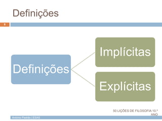 António Padrão | ESAS
Definições
8
Definições
Implícitas
Explícitas
50 LIÇÕES DE FILOSOFIA 10.º
ANO
 