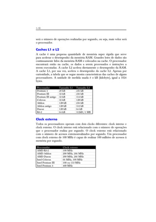 1-10
será o número de operações realizadas por segundo, ou seja, mais veloz será
o processador.
Caches L1 e L2
A cache é uma pequena quantidade de memória super rápida que serve
para acelerar o desempenho da memória RAM. Grandes lotes de dados são
continuamente lidos da memória RAM e colocados na cache. O processador
encontrará então na cache, os dados a serem processados e instruções a
serem executadas. A cache L2 acelera diretamente o desempenho da RAM.
A cache L1, por sua vez, acelera o desempenho da cache L2. Apenas por
curiosidade, a tabela que se segue mostra características das caches de alguns
processadores. A unidade de medida usada é o kB (kilobyte), igual a 1024
bytes.
Processador Tamanho L1 Tamanho L2
Pentium 4 20 kB 256 kB
Pentium III 32 kB 256 kB
Pentium III antigo 32 kB 512 kB
Celeron 32 kB 128 kB
Athlon 128 kB 256 kB
Athlon antigo 128 kB 512 kB
Duron 128 kB 64 kB
K6-2 64 kB 512kB / 1 MB
Clock externo
Todos os processadores operam com dois clocks diferentes: clock interno e
clock externo. O clock interno está relacionado com o número de operações
que o processador realiza por segundo. O clock externo está relacionado
com o número de acessos externosrealizados por segundo. Um processador
com clock externo de 100 MHz é capaz de realizar 100 milhões de acessos à
memória por segundo.
Processador Clock externo
AMD K6-2 100 MHz
AMD Athlon 200 MHz, 266 MHz
AMD Duron 200 MHz, 266 MHz
Intel Celeron 66 MHz, 100 MHz
Intel Pentium III 100 ou 133 MHz
Intel Pentium 4 400 MHz
 