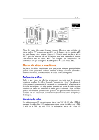 1-15
Figura
1.19
Placas de CPU AT
e ATX.
Além de várias diferenças técnicas, existem diferenças nas medidas. As
placas padrão AT possuem em geral 21 cm de largura. As do padrão ATX
são mais largas, como mostra a figura 19. Existem ainda as placas Micro
ATX, que têm também 21 cm de largura, mas seus conectores e demais
características são no estilo ATX. Ao comprar um computador, dê
preferência aos que usam placa de CPU padrão ATX ou Micro ATX.
Placas de vídeo e monitores
As placas de vídeo, responsáveis pela geração de imagens, principalmente
gráficas. Essas placas têm evoluído bastante ao longo dos anos, passando a
ter maior resolução, elevado número de cores, e alto desempenho.
Aceleração gráfica
Tudo o que vemos na tela fica armazenado em uma área de memória
localizada na placa de vídeo, chamada “memória de vídeo”. Nas placas de
vídeo antigas, o processador da placa mãe era o responsável pela construção
de todas as imagens, e o chip gráfico existente na placa de vídeo apenas
transferia os dados da memória de vídeo para o monitor. Hoje os chips
gráficos são também processadores gráficos. São processadores dedicados a
executar em alta velocidade, os comandos relacionados com a manipulação
de imagens.
Memória de vídeo
No início dos anos 90, encontrávamos placas com 256 kB, 512 kB e 1 MB de
memória de vídeo. Em 1995 podíamos encontrar placas de vídeo com 1 MB,
2 MB ou 4 MB. No ano 2000, as sofisticadas placas de vídeo 3D
 