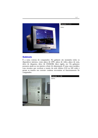 1-7
Figura 1.11
Monitor.
Gabinete
É a caixa externa do computador. No gabinete são montados todos os
dispositivos internos, como placa de CPU, placa de vídeo, placa de som,
drive de disquetes, drive de CD-ROM, disco rígido, etc. Os gabinetes
possuem ainda no seu interior a fonte de alimentação. É uma caixa metálica
com circuitos que recebem a tensão da rede elétrica (110 ou 220 volts) e
geram as tensões em corrente contínua necessárias ao funcionamento do
computador.
Figura 1.12
Gabinete.
 