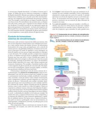 Corpo Humano 7
se movem para o líquido intersticial, e os resíduos se movem para o
sangue. As células, por sua vez, removem os nutrientes e o oxigênio
do líquido intersticial e liberam seus resíduos no líquido intersticial.
A homeostase é dinâmica, isto é, ela pode variar sobre uma faixa limi-
tada que seja compatível com a manutenção dos processos celulares
vitais. Por exemplo, o nível de glicose no sangue é mantido dentro de
uma faixa estreita. Ele normalmente não cai muito entre as refeições
nem sobe muito, mesmo após a ingestão de uma refeição com alto
teor de glicose. O encéfalo necessita de um suprimento regular de
glicose para permanecer funcionando – um baixo nível sanguíneo de
glicose pode levar à inconsciência ou mesmo à morte. Em contraste,
um nível sanguíneo elevado e prolongado de glicose pode danificar
os vasos sanguíneos e causar perda excessiva de água na urina.
Controle da homeostase:
sistemas de retroalimentação
Felizmente, cada estrutura corporal, das células aos sistemas, têm
um ou mais dispositivos homeostáticos que trabalham para man-
ter o meio interno dentro dos limites normais. Os mecanismos
homeostáticos do corpo estão, principalmente, sob o controle do
sistema nervoso e das glândulas endócrinas. O sistema nervoso de-
tecta as alterações do estado de equilíbrio e envia mensagens, na
forma de impulsos nervosos, para os órgãos que podem se contrapor
a essas alterações. Por exemplo, quando a temperatura corporal
se eleva, os impulsos nervosos fazem as glândulas sudoríferas li-
berarem mais suor, que esfria o corpo à medida que evapora. As
glândulas endócrinas corrigem as alterações por meio da secreção
de moléculas, chamadas de hormônios, no sangue. Os hormônios
afetam células específicas do corpo, onde causam respostas que
restauram a homeostase. Por exemplo, o hormônio insulina reduz
o nível sanguíneo de glicose quando ele está muito alto. Os impul-
sos nervosos normalmente causam correções rápidas, os hormô-
nios geralmente trabalham de forma mais lenta.
A homeostase é mantida por meio de muitos sistemas de re-
troalimentação. Um sistema de retroalimentação ou alça de retro-
alimentação é um ciclo de eventos no qual uma condição no corpo
é continuamente monitorizada, avaliada, modificada, remonitori-
zada, reavaliada e assim por diante. Cada condição monitorizada,
como a temperatura corporal, a pressão sanguínea ou o nível san-
guíneo de glicose, é denominada uma condição controlada. Qual-
quer ruptura que cause uma mudança em uma condição controla-
da é chamada de estímulo. Alguns estímulos provêm do ambiente
externo, como o calor intenso ou a falta de oxigênio. Outros se
originam no ambiente interno, como um nível sanguíneo de glico-
se que esteja muito baixo. Os desequilíbrios homeostáticos podem
também ocorrer devido a estresses psicológicos em nosso ambien-
te social – as demandas do trabalho ou da escola, por exemplo. Na
maioria dos casos, a ruptura da homeostase é leve e temporária, e
as respostas das células do corpo restauram rapidamente o equilí-
brio no ambiente interno. Em outros casos, a ruptura da homeos-
tase pode ser intensa e prolongada, como no envenenamento, na
superexposição a temperaturas extremas, na infecção grave ou na
morte de um ente querido.
Três componentes básicos constituem um sistema de retro-
alimentação: um receptor, um centro de controle e um efetor
(Figura 1.2).
1. Um receptor é uma estrutura do corpo que monitoriza as al-
terações em uma condição controlada e envia a informação,
chamada de entrada, para um centro de controle. A entrada
apresenta-se na forma de impulsos nervosos ou de sinais quí-
micos. As terminações nervosas na pele que sentem a tem-
peratura constituem um em centenas de tipos diferentes de
receptores no corpo.
2. Um centro de controle no corpo, por exemplo, o encéfalo, es-
tabelece uma faixa de valores dentro da qual uma condição
controlada deveria ser mantida, avalia a entrada que ele re-
cebe dos receptores e gera comandos de saída, quando estes
Figura 1.2 Componentes de um sistema de retroalimenta-
ção. A seta tracejada de retorno, à direita, simboliza a retroalimen-
tação negativa.
Os três elementos básicos de um sistema de retroalimenta-
ção são o receptor, o centro de controle e o efetor.
Efetores
que provocam
uma mudança ou
Centro de controle
Condição controlada
que é monitorizada por
Receptores
que enviam
Algum estímulo
rompe a homeostase
Impulsos nervosos ou
sinais químicos para um
aumentado ou
diminuindo uma
Impulsos nervosos ou
sinais químicos para os
Há um retorno à
homeostase quando
a resposta traz a
condição controlada
de volta ao normal.
que recebe a
entrada e fornece
Resposta que altera a
condição controlada
Entrada
Saída
Qual é a diferença básica entre os sistemas de retroalimentação
negativa e positiva?
Tortora_Gerard.indb 7Tortora_Gerard.indb 7 10/02/12 10:2210/02/12 10:22
 