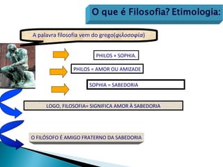 A palavra filosofia vem do grego(φιλοσοφία)


                        PHILOS + SOPHIA.

               PHILOS = AMOR OU AMIZADE

                     SOPHIA = SABEDORIA


     LOGO, FILOSOFIA= SIGNIFICA AMOR À SABEDORIA




O FILÓSOFO É AMIGO FRATERNO DA SABEDORIA
 