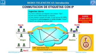 Daniel Díaz Ataucuriddiaz1610@gmail.com Redes Telemática
REDES TELEMÁTICAS: Introducción
LSPLSP
Red A Red B
Red C
1 1
1
Origen Destino
Aspectos claves
La nueva cabecera con etiquetas crea caminos “fijos”.
Crean nuevas tablas basadas en etiquetas.
Crean caminos virtuales privados en una red con IP (VPN)
Transforma la red de paquetes en red de circuito “virtual”.
Red IP con calidad de servicios-QoS
LSP: Label Schitch Path
Trayectoria basada en conmutación de etiquetas
SURGESURGE
LA REDLA RED MPLS:MPLS:
MultiProtocol LabelMultiProtocol Label
SchitchingSchitching
 