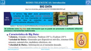 Daniel Díaz Ataucuriddiaz1610@gmail.com Redes Telemática
REDES TELEMÁTICAS: Introducción
http://www.itu.int/dms_pub/itu-t/oth/23/01/T23010000220001PDFE.pdf
Característica de Big Data:
Volumen.- Grandes volúmenes. Petabyte (1015
) y Exabyte (1018
)
Variedad de Datos.- Generados por dispositivos móviles, sistemas GPS,
sensores, automóviles, medidores eléctricos, etc.
Velocidad de Datos.- Información en el momento deseado.
Veracidad.- Incertidumbre sobre la calidad de los datos (origen!!)
BIG
DATA
Capítulo 5: http://www.itu.int/en/ITU-D/Statistics/Documents/publications/mis2014/MIS_2014_Exec-sum-S.pdf
Se entiende como Big Data toda información que no puede ser procesada o analizada utilizando
procesos o herramientas tradicionales
El término "big data" alude generalmente a
conjuntos de datos cuyo volumen, velocidad y
variedad son muy importantes en comparación
con los tipos de conjuntos de datos
tradicionalmente utilizados (ITU)
 
