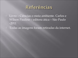    Livro – Ciências o meio ambiente. Carlos e
    Wilson Paulino – editora ática – São Paulo
    -2011
   Todas as imagens foram retiradas da internet.
 