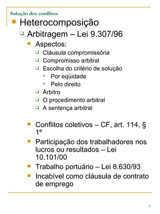Solução dos conflitos Heterocomposição Arbitragem – Lei 9.307/96 Aspectos: Cláusula compromissória Compromisso arbitral Escolha do critério de solução Por eqüidade Pelo direito Árbitro O procedimento arbitral A sentença arbitral Conflitos coletivos – CF, art. 114, § 1º  Participação dos trabalhadores nos lucros ou resultados – Lei 10.101/00 Trabalho portuário – Lei 8.630/93 Incabível como cláusula de contrato de emprego 