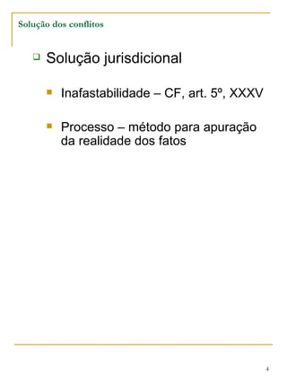 Solução dos conflitos Solução jurisdicional Inafastabilidade – CF, art. 5º, XXXV Processo – método para apuração da realidade dos fatos 