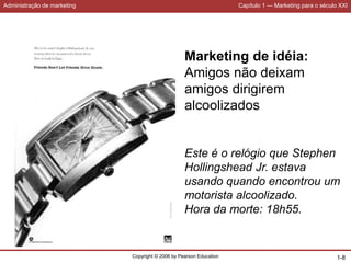 Administração de marketing Capítulo 1 — Marketing para o século XXI
Copyright © 2006 by Pearson Education 1-8
Marketing de idéia:
Amigos não deixam
amigos dirigirem
alcoolizados
Este é o relógio que Stephen
Hollingshead Jr. estava
usando quando encontrou um
motorista alcoolizado.
Hora da morte: 18h55.
 