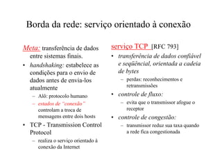 Borda da rede: serviço orientado à conexão

Meta: transferência de dados         serviço TCP [RFC 793]
  entre sistemas finais.             • transferência de dados confiável
• handshaking: estabelece as           e seqüêncial, orientada a cadeia
  condições para o envio de            de bytes
  dados antes de envia-los              – perdas: reconhecimentos e
  atualmente                              retransmissões
   – Alô: protocolo humano           • controle de fluxo:
   – estados de “conexão”               – evita que o transmissor afogue o
     controlam a troca de                 receptor
     mensagens entre dois hosts      • controle de congestão:
• TCP - Transmission Control            – transmissor reduz sua taxa quando
  Protocol                                a rede fica congestionada
   – realiza o serviço orientado à
     conexão da Internet
 