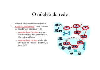 O núcleo da rede
•   malha de roteadores interconectados
•   A questão fundamental: como os dados
    são transferidos através da rede?
     – comutação de circuitos: usa um
         canal dedicado para cada conexão.
         Ex: rede telefônica
     – comutação de pacotes: dados são
         enviados em “blocos” discretos, na
         base FIFO
 