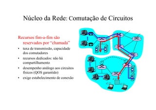 Núcleo da Rede: Comutação de Circuitos

Recursos fim-a-fim são
  reservados por “chamada”
•   taxa de transmissão, capacidade
    dos comutadores
•   recursos dedicados: não há
    compartilhamento
•   desempenho análogo aos circuitos
    físicos (QOS garantido)
•   exige estabelecimento de conexão
 