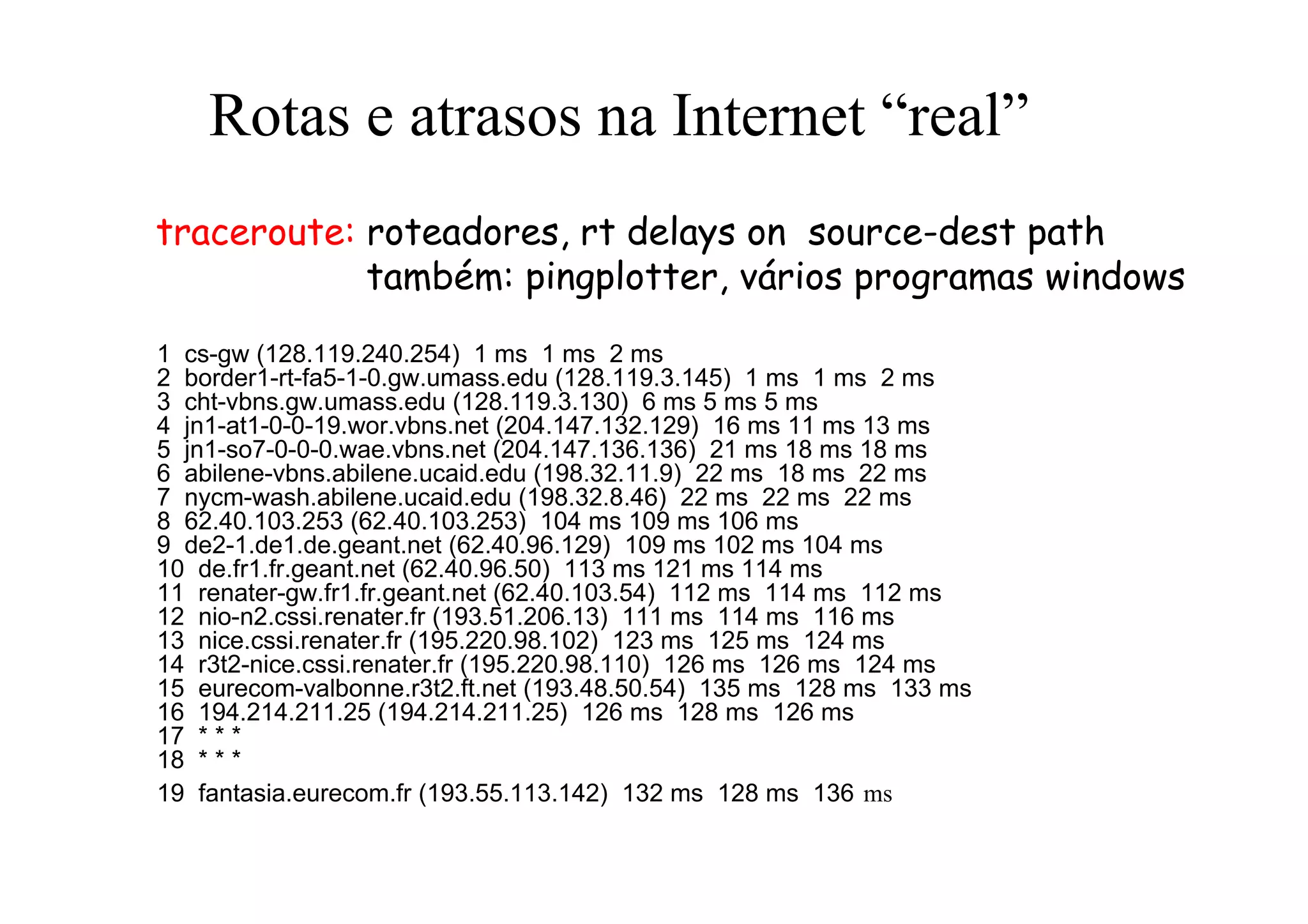 Rotas e atrasos na Internet “real”
traceroute: roteadores, rt delays on source-dest path
            também: pingplotter, vários programas windows
1 cs-gw (128.119.240.254) 1 ms 1 ms 2 ms
2 border1-rt-fa5-1-0.gw.umass.edu (128.119.3.145) 1 ms 1 ms 2 ms
3 cht-vbns.gw.umass.edu (128.119.3.130) 6 ms 5 ms 5 ms
4 jn1-at1-0-0-19.wor.vbns.net (204.147.132.129) 16 ms 11 ms 13 ms
5 jn1-so7-0-0-0.wae.vbns.net (204.147.136.136) 21 ms 18 ms 18 ms
6 abilene-vbns.abilene.ucaid.edu (198.32.11.9) 22 ms 18 ms 22 ms
7 nycm-wash.abilene.ucaid.edu (198.32.8.46) 22 ms 22 ms 22 ms
8 62.40.103.253 (62.40.103.253) 104 ms 109 ms 106 ms
9 de2-1.de1.de.geant.net (62.40.96.129) 109 ms 102 ms 104 ms
10 de.fr1.fr.geant.net (62.40.96.50) 113 ms 121 ms 114 ms
11 renater-gw.fr1.fr.geant.net (62.40.103.54) 112 ms 114 ms 112 ms
12 nio-n2.cssi.renater.fr (193.51.206.13) 111 ms 114 ms 116 ms
13 nice.cssi.renater.fr (195.220.98.102) 123 ms 125 ms 124 ms
14 r3t2-nice.cssi.renater.fr (195.220.98.110) 126 ms 126 ms 124 ms
15 eurecom-valbonne.r3t2.ft.net (193.48.50.54) 135 ms 128 ms 133 ms
16 194.214.211.25 (194.214.211.25) 126 ms 128 ms 126 ms
17 * * *
18 * * *
19 fantasia.eurecom.fr (193.55.113.142) 132 ms 128 ms 136 ms
 