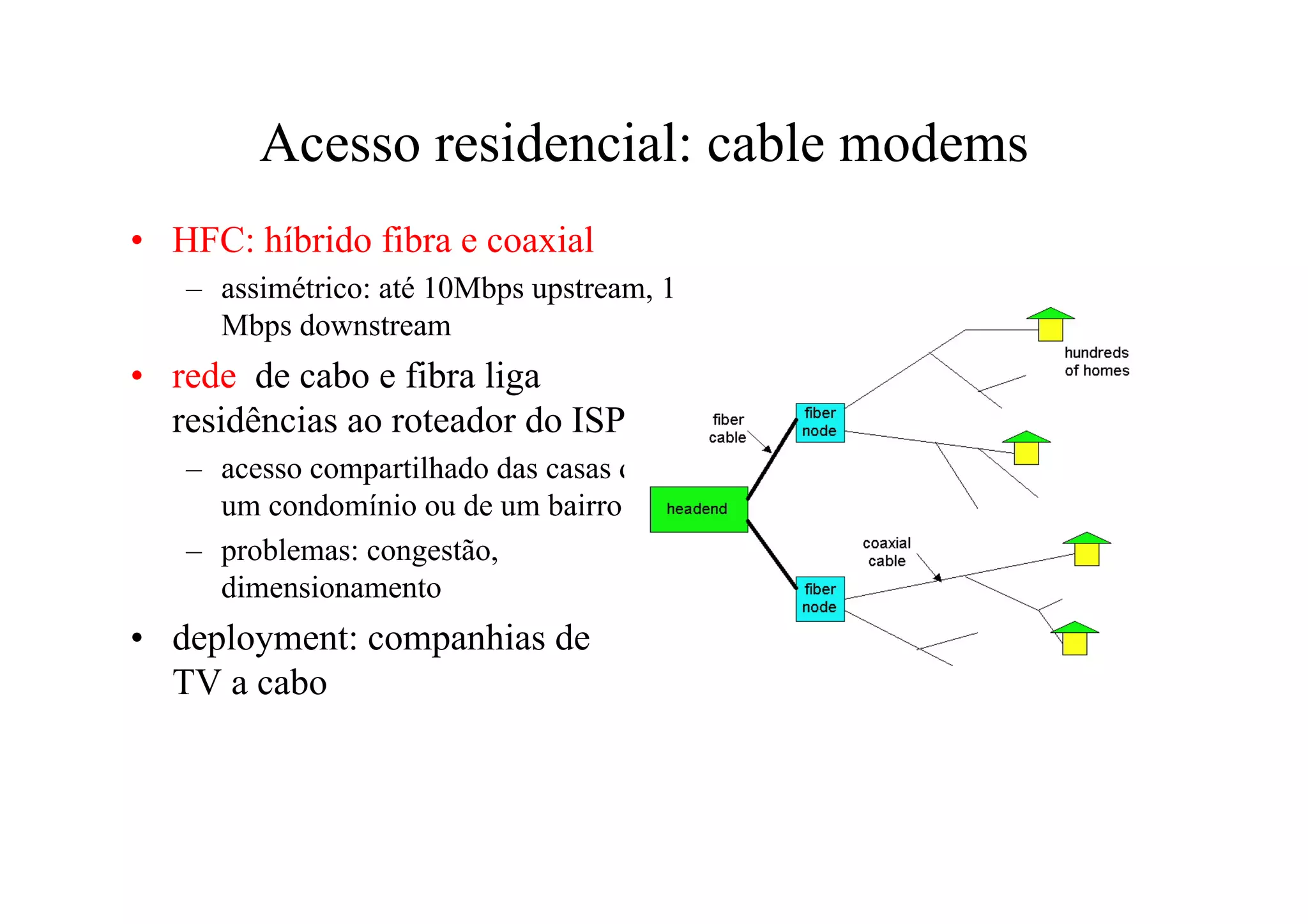 Acesso residencial: cable modems
• HFC: híbrido fibra e coaxial
   – assimétrico: até 10Mbps upstream, 1
     Mbps downstream
• rede de cabo e fibra liga
  residências ao roteador do ISP
   – acesso compartilhado das casas de
     um condomínio ou de um bairro
   – problemas: congestão,
     dimensionamento
• deployment: companhias de
  TV a cabo
 