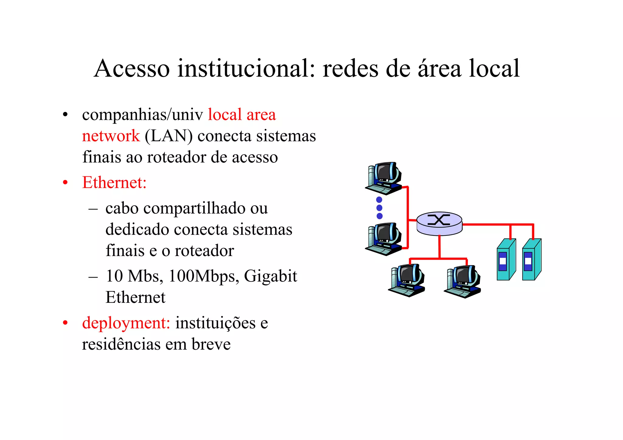Acesso institucional: redes de área local
• companhias/univ local area
  network (LAN) conecta sistemas
  finais ao roteador de acesso
• Ethernet:
   – cabo compartilhado ou
      dedicado conecta sistemas
      finais e o roteador
   – 10 Mbs, 100Mbps, Gigabit
      Ethernet
• deployment: instituições e
  residências em breve
 