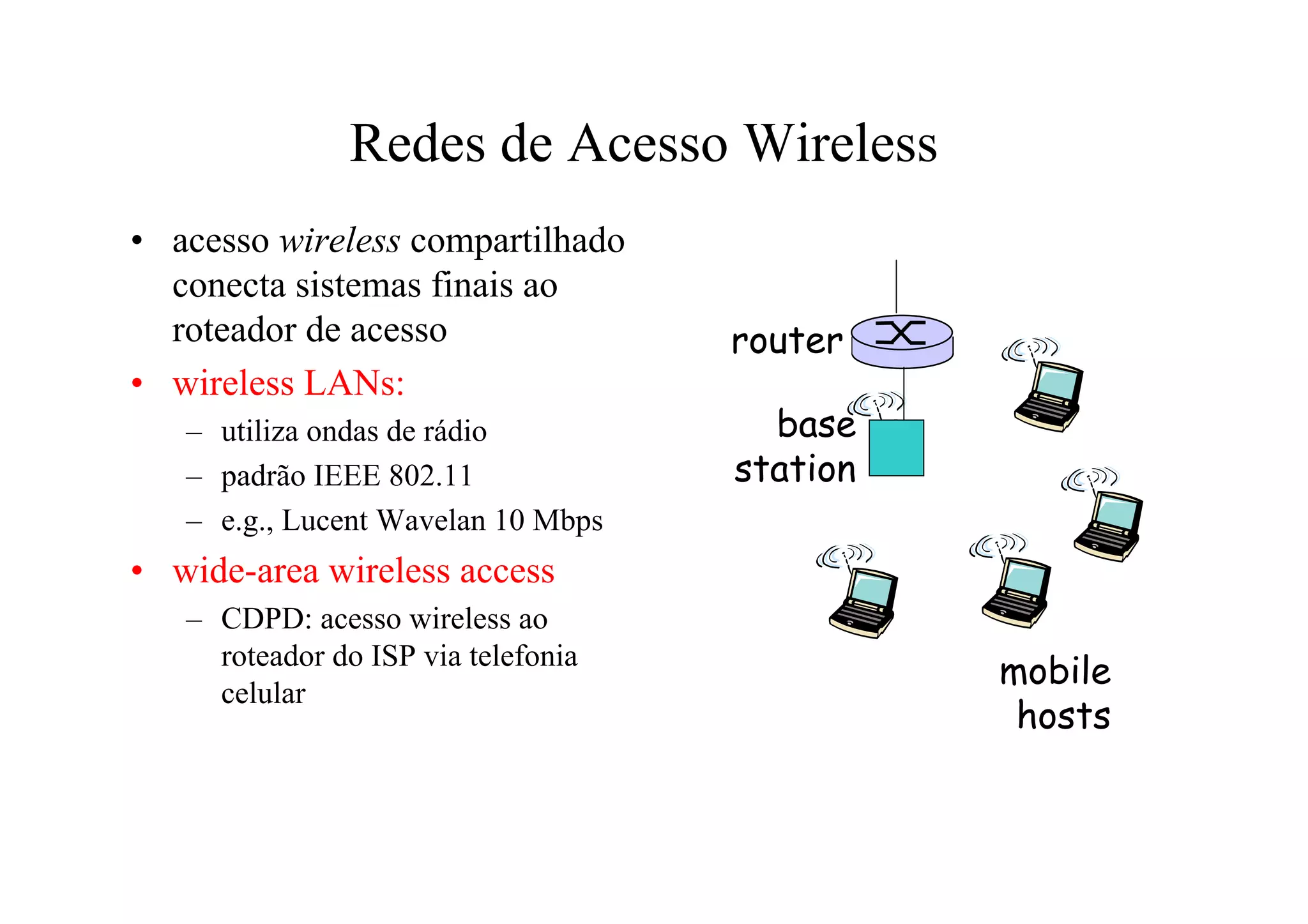 Redes de Acesso Wireless
• acesso wireless compartilhado
  conecta sistemas finais ao
  roteador de acesso                 router
• wireless LANs:
   – utiliza ondas de rádio            base
   – padrão IEEE 802.11              station
   – e.g., Lucent Wavelan 10 Mbps
• wide-area wireless access
   – CDPD: acesso wireless ao
     roteador do ISP via telefonia
                                               mobile
     celular
                                                hosts
 