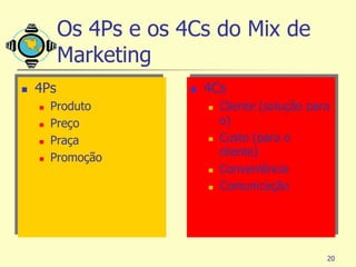 Os 4Ps e os 4Cs do Mix de
          Marketing
   4Ps                   4Cs
       Produto               Cliente (solução para
       Preço                  o)
       Praça                 Custo (para o
       Promoção               cliente)
                              Conveniência
                              Comunicação




                                                   20
 