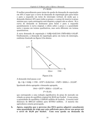 Capítulo 2: O Básico sobre a Oferta e Demanda
P = $2,65.
O melhor procedimento para tratar da queda da demanda de exportação
em 40% é supor que a curva de demanda de exportação gira para baixo
e para a esquerda em torno do intercepto vertical, de modo que a
demanda diminui 40% para todos os preços, e o preço de reserva (o preço
máximo que o país estrangeiro está disposto a pagar) não se altera. Se a
curva de demanda se deslocasse para baixo e para a esquerda
paralelamente à curva original, o efeito sobre o preço e a quantidade
seria o mesmo em termos qualitativos, mas seria diferente em termos
quantitativos.
A nova demanda de exportação é 0,6Qe=0,6(1544-176P)=926,4-105,6P.
Graficamente, a demanda de exportação girou em torno do intercepto,
conforme ilustrado na figura 2.5a abaixo:
Qe
1544926.4
8.77
P
Figura 2.5a
A demanda total passa a ser
QD = Qd + 0,6Qe = 1700 - 107P + (0,6)(1544 - 176P) = 2626,4 – 212,6P.
Igualando oferta agregada e demanda agregada,
1944 + 207P = 2626,4 – 212,6P, ou
P = $1,63,
que corresponde a uma redução significativa do preço de mercado em
relação ao preço de equilíbrio original de $2,65 por bushel. A esse preço,
a quantidade de equilíbrio é 2280,65 milhões de bushels. A receita total
diminuiu de $6614,6 milhões para $3709,0 milhões. A maioria dos
agricultores estaria preocupada.
b. Agora, suponha que o governo dos EUA queira adquirir anualmente
uma quantidade de trigo que seja suficiente para elevar seu preço até
o nível de $3,50 por bushel. Com essa queda na demanda da
18
 