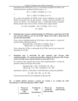 Capítulo 2: O Básico sobre a Oferta e Demanda
Inserindo esses valores de d, g, b, e e em nossas equações de oferta e de
demanda lineares, podemos resolver para c e a:
20 = c + (2)(2) + (0,25)(8), ou c = 14,
e
20 = a - (5)(2) + (3,75)(8), ou a = 0.
Se o preço do petróleo for $8,00, essas curvas implicam um preço de
$2,00 no mercado livre de gás natural. Insira o preço do petróleo nas
curvas de oferta e de demanda para a verificação dessas equações.
Depois, iguale uma curva à outra e resolva para o preço do gás.
14 + 2PG + (0,25)(8) = -5PG + (3,75)(8), 7PG = 14, ou
PG = $2,00.
b. Suponha que o preço regulamentado em 1975 para o gás fosse de $1,50
por mil pés cúbicos, em vez de $1,00. Qual teria sido a dimensão do
excesso de demanda?
Com o preço regulamentado de $1,50 para o gás natural e o preço do
petróleo igual a $8,00 por barril,
Demanda: QD = (-5)(1,50) + (3,75)(8) = 22,5, e
Oferta: QS = 14 + (2)(1,5) + (0,25)(8) = 19.
Com a oferta de 19 Tpc e a demanda de 22,5 Tpc, haveria um excesso de
demanda de 3,5 Tpc.
c. Suponha que o mercado de gás natural não tivesse sido
regulamentado. Se o preço do petróleo subisse de $8 para $16, O que
teria ocorrido com o preço do gás no mercado livre?
Se o preço do gás natural não tivesse sido regulamentado e o preço do
petróleo subisse de $8 para $16, então,
Demanda: QD = -5PG + (3,75)(16) = 60 - 5PG, e
Oferta: QS = 14 + 2PG + (0,25)(16) = 18 + 2PG.
Igualando a oferta e a demanda e resolvendo para o preço de equilíbrio,
18 + 2PG = 60 - 5PG, ou PG = $6.
O preço do gás natural teria triplicado de $2 para $6.
10. A tabela abaixo mostra o preço no varejo e as vendas de café
instantâneo e café torrado para 1997 e 1998.
Preço no
varejo de
café
instantâneo
Vendas de
café
instantâneo
Preço no
varejo de
café torrado
Vendas de
café torrado
23
 