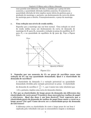 Capítulo 2: O Básico sobre a Oferta e Demanda
essa questão será diferente. De fato, à medida que o preço do leite
aumenta, a quantidade ofertada também aumenta. O aumento na
quantidade ofertada de leite implica maior oferta de gordura para a
produção de manteiga e, portanto, um deslocamento da curva de oferta
de manteiga para a direita. Conseqüentemente, o preço da manteiga
cai.
c. Uma redução nos níveis de renda média.
Suponha que a manteiga seja um bem normal. Uma redução no nível
de renda média causa um deslocamento da curva de demanda de
manteiga de D1 para D2, causando a redução no preço de equilíbrio de P1
para P2, e na quantidade de equilíbrio de Q1 para Q2. Veja a Figura
2.2.c.
D1
P1
P2
S
Price
Quantity of ButterQ1Q2
D2
Figura 2.2.c
3. Suponha que um aumento de 3% no preço de sucrilhos cause uma
redução de 6% em sua quantidade demandada. Qual é a elasticidade da
demanda de sucrilhos?
A elasticidade da demanda é a variação percentual na quantidade
demandada dividida pela variação percentual no preço. A elasticidade
da demanda de sucrilhos é
−
+
= −
6
3
2 , que é maior (em valor absoluto) que
-1,0 e, portanto, implica uma curva de demanda elástica.
4. Por que as elasticidades de longo prazo da demanda são diferentes das
elasticidades de curto prazo? Considere duas mercadorias: toalhas de papel
e televisores. Qual das duas é um bem durável? Você esperaria que a
elasticidade-preço da demanda de toalhas de papel fosse maior a curto ou a
longo prazo? Por quê? Como deveria ser a elasticidade-preço da demanda
de televisores?
A diferença entre as elasticidades de curto e longo prazo de um bem é
explicada pela velocidade com que os consumidores reagem a mudanças
8
 