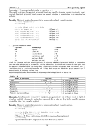 CAPITOLUL 2

Date, operatori şi expresii

Construcţia x+=1 generează acelaşi rezultat ca expresia x=x+1.
Observaţiile referitoare la operatorii aritmetici binari sunt valabile şi pentru operatorii aritmetici binari
compuşi. Operatorii aritmetici binari compuşi au aceeaşi prioritate şi asociativitate ca şi operatorul de
atribuire.
Exerciţiu: Să se scrie următorul program şi să se urmărească rezultatele execuţiei acestuia.
#include <iostream.h>
void main()
{
int a,b; float c=9.3; a=3; b=8;
cout<<”a=”<<a<<’n’;
a+=b; cout<<”a=”<<a<<’n’;
a-=b; cout<<”a=”<<a<<’n’;
a*=b; cout<<”a=”<<a<<’n’;
a/=b; cout<<”a=”<<a<<’n’;
a%=b; cout<<”a=”<<a<<’n’;
}

//Afişare
//Afişare
//Afişare
//Afişare
//Afişare
//Afisare

a=3
a=11
a=-5
a=24
a=0
a=3

Operatori relaţionali binari
Operator
Semnificaţie
Exemple
==
Egal cu
a==b
!=
Diferit de
a!=b
<
Mai mic decât
a<b
<=
Mai mic sau egal
a<=b
>
Mai mare decât
a>b
>=
Mai mare sau egal
a>=b
Primii doi operatori mai sunt numiţi operatori de egalitate. Operatorii relaţionali servesc la compararea
valorilor celor doi operanzi şi nu modifică valorile operanzilor. Rezultatul unei expresii în care apare unul
din operatorii relaţionali binari este întreg şi are valoarea zero (0) dacă relaţia este falsă, sau valoarea unu (1)
(sau diferită de 0 în cazul compilatoarelor sub UNIX), dacă relaţia este adevărată. Aceşti operatorii pot fi
aplicaţi datelor de tip întreg, real sau char.
Regulile de precedenţă şi asociativitate ale acestor operatori sunt prezentate în tabelul 2.4.


Tabelul 2.4.
Clasă de operatori
Unari
Multiplicativi
Aditivi
Atribuire
Relaţionali
De egalitate
Atribuire şi aritmetici binari

Operatori
- (unar) ++
-* / %
+ =
< <= > >=
== !=
= *= /= %= += -=

Asociativitate
de la dreapta la stânga
de la stânga la dreapta
de la stânga la dreapta
de la dreapta la stânga
de la stânga la dreapta
de la stânga la dreapta
de la dreapta la stânga

Observaţie: Deosebirea dintre operatorii == (relaţional, de egalitate) şi = (de atribuire) constă în faptul că
primul nu modifică valoarea nici unuia dintre operanzii săi, pe când cel de-al doilea modifică valoarea
operandului stâng (vezi exemplul următor)
Exerciţiu: Să se scrie următorul program şi să se urmărească rezultatele execuţiei acestuia.
#include <iostream.h>
void main()
{
int a=1, b=20, lim=100; int rezult; rezult=a<b;
cout<<”a<b=”<<rezult<<’n’;

// Afişare: a<b=1 (sau o altă valoare diferită de zero pentru alte compilatoare)
rezult=a<=b;

//operatorul realţional <= are prioritate mai mare decât cel de atribuire
34

 