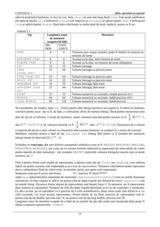 CAPITOLUL 2

Date, operatori şi expresii

adecvat propriului hardware; în nici un caz, însă, short nu este mai lung decât long. Toţi aceşti calificatori
pot aplicaţi tipului int. Calificatorii signed (cel implicit) şi unsigned se aplică tipului char. Calificatorul
long se aplică tipului double. Dacă într-o declaraţie se omite tipul de bază, implicit, acesta va fi int.
Tabelul 2.1.
Tip

char
unsigned char
signed char
int
long
(long int)
long long int
short int
unsigned int
unsigned long
int
float
double
long double

Lungimea zonei
de memorie
ocupate (în biţi)
MSUNIX
DOS
LINUX
8
8

Descriere

8
8
16
32

8
8
32
64

Valoarea unui singur caracter; poate fi întâlnit în expresii cu
extensie de semn
Aceeaşi ca la char, fară extensie de semn
Aceeaşi ca la char, cu extensie de semn obligatorie
Valoare întreagă
Valoare întreagă cu precizie mare

32
16
16
32

64
32
32
64

Valoare întreagă cu precizie mare
Valoare întreagă cu precizie mică
Valoare întreagă, fără semn
Valoare întreagă, fără semn

32
64
80

32
64
128

Valoare numerică cu zecimale, simplă precizie (6 )
Valoare numerică cu zecimale, dublă precizie (10 )
Valoare numerică cu zecimale, dublă precizie

Să considerăm, de exmplu, tipul int, folosit pentru date întregi (pozitive sau negative). Evident că mulţimea
valorilor pentru acest tip va fi, de fapt, o submulţime finită de numere întregi. Dacă pentru memorarea unei
1
date de tip int se folosesc 2 octeţi de memorie, atunci valoarea maximă pentru aceasta va fi
× 2 16 - 1,
2
1
deci 2 15 - 1 (32767), iar valoarea minimă va fi × 2 16 , deci -2 15 (-32768). Încercarea de a calcula
2
o expresie de tip int a cărei valoare se situează în afara acestui domeniu va conduce la o eroare de execuţie.
Mulţimea valorilor pentru o dată de tip unsigned int (întreg fără semn) va fi formată din numerele
întregi situate în intervalul [0, 2 16 - 1].
În header-ul <values.h> sunt definite constantele simbolice (cum ar fi: MAXINT, MAXSHORT, MAXLONG,
MINDOUBLE, MINFLOAT, etc.) care au ca valoare limitele inferioară şi superioară ale intervalului de valori
pentru tipurile de date enumerate. (de exemplu MAXINT reprezintă valoarea întregului maxim care se poate
memora, etc. )
Fără a detalia foarte mult modul de reprezentare a datelor reale (de tip float sau double), vom sublinia
faptul că, pentru acestea, este importantă şi precizia de reprezentare. Deoarece calculatorul poate reprezenta
doar o submulţime finită de valori reale, în anumite cazuri, pot apare erori importante.
Numerele reale pot fi scrise sub forma:
N = mantisa × baza exponent
unde:baza reprezintă baza sistemului de numeraţie; mantisa (coeficientul) este un număr fracţionar
normalizat ( în faţa virgulei se află 0, iar prima cifră de după virgulă este diferită de zero); exponentul este
un număr întreg. Deoarece forma internă de reprezentare este binară, baza=2. În memorie vor fi reprezentate
doar mantisa şi exponentul. Numărul de cifre de după virgulă determină precizia de exprimare a numărului.
Ce alte cuvinte, pe un calculator cu o precizie de 6 cifre semnificative, două valori reale care diferă la a 7-a
cifră zecimală, vor avea aceeaşi reprezentare. Pentru datele de tip float, precizia de reprezentare este 6;
pentru cele de tip double, precizia este 14, iar pentru cele de tip long double, precizia este 20.
Lungimea zonei de memorie ocupate de o dată de un anumit tip (pe câţi octeţi este memorată data) poate fi
aflată cu ajutorul operatorului sizeof.
24

 