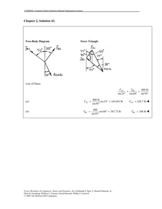 COSMOS: Complete Online Solutions Manual Organization System
Vector Mechanics for Engineers: Statics and Dynamics, 8/e, Ferdinand P. Beer, E. Russell Johnston, Jr.,
Elliot R. Eisenberg, William E. Clausen, David Mazurek, Phillip J. Cornwell
© 2007 The McGraw-Hill Companies.
Chapter 2, Solution 43.
Free-Body Diagram Force Triangle
Law of Sines:
400 lb
sin 25 sin 60 sin95
AC BCF T
= =
° ° °
(a)
400 lb
sin 25 169.691 lb
sin95
ACF = ° =
°
169.7 lbACF = !
(b)
400
sin 60 347.73 lb
sin95
BCT = ° =
°
348 lbBCT = !
 